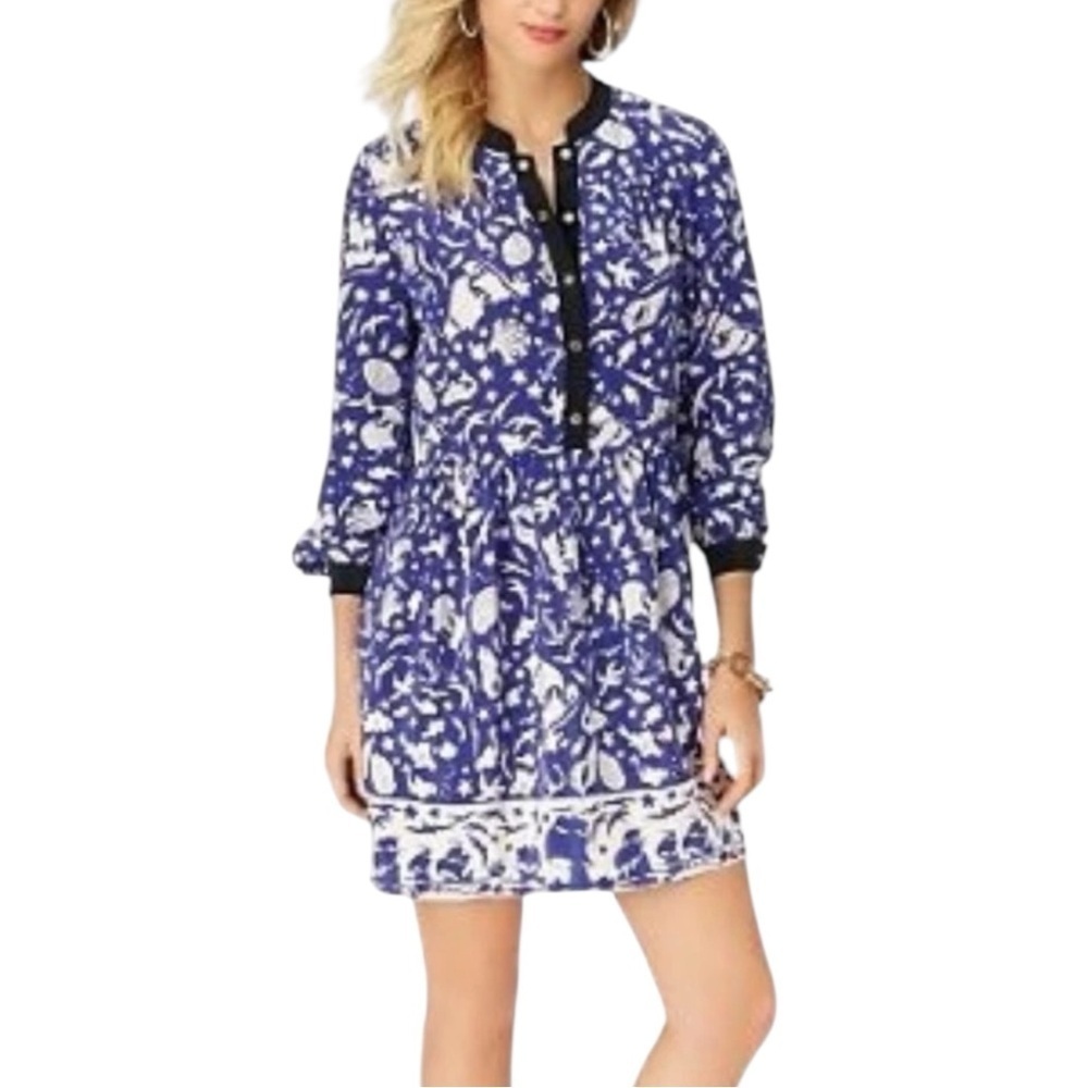 Juicy Couture Neptune Silk Nautical Print Mini Dress Size 0 Blue White Designer